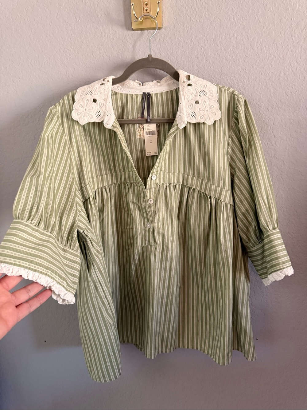 Anthropologie Green Stripe Eyelet Collar Blouse XL NWT